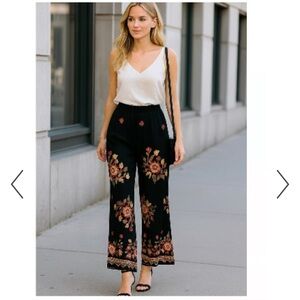 Liv Los Angeles Womens CL Black Floral Embroidered Wide Leg Bohemian Pants
